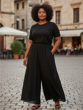 Black Wide-Leg Pull-On Pants with Elastic Waist